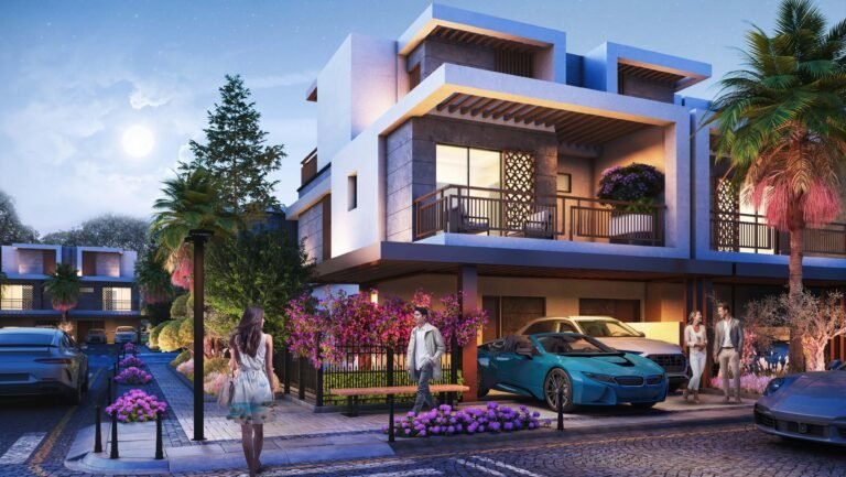 Violet 3 by Damac - townhouse exterior at entrance with parked car