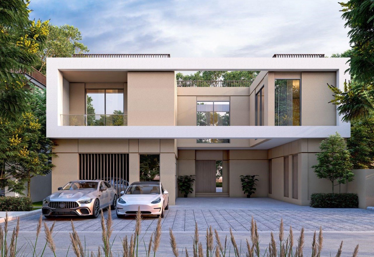 Sobha Elwood - villa front elevation with two parked cars