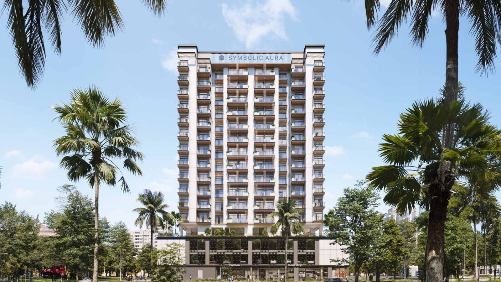 Symbolic Aura Apartments - residential tower exterior with palm trees