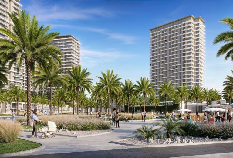 Parkland at Dubai Hills Estate - residential tower with palm trees and landscaped plaza