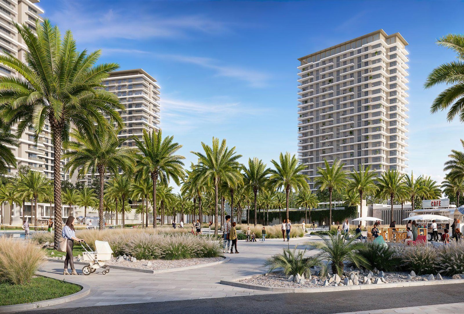 Parkland at Dubai Hills Estate - residential tower with palm trees and landscaped plaza