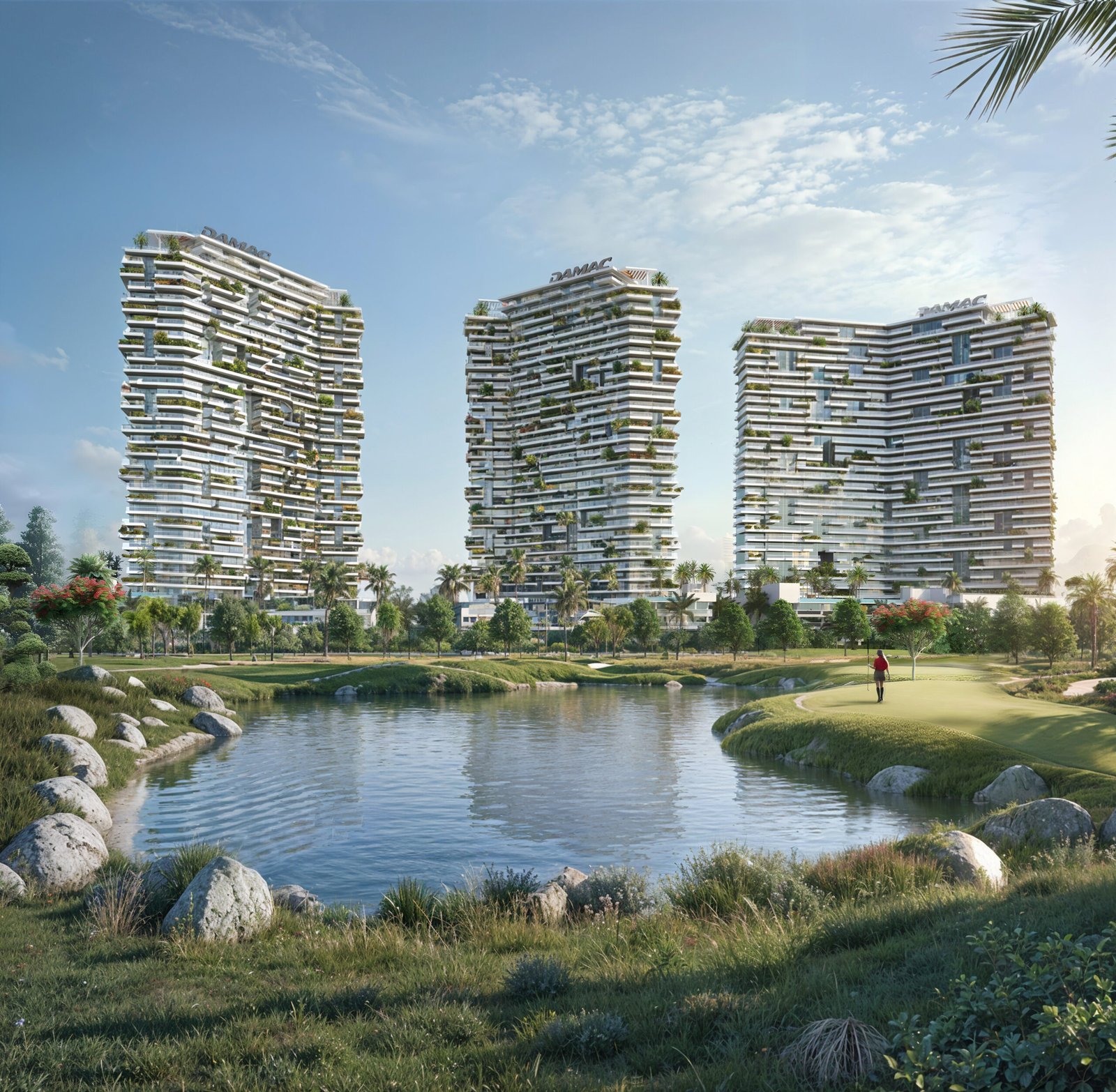 Golf Greens Apartments - three residential towers beside the lake