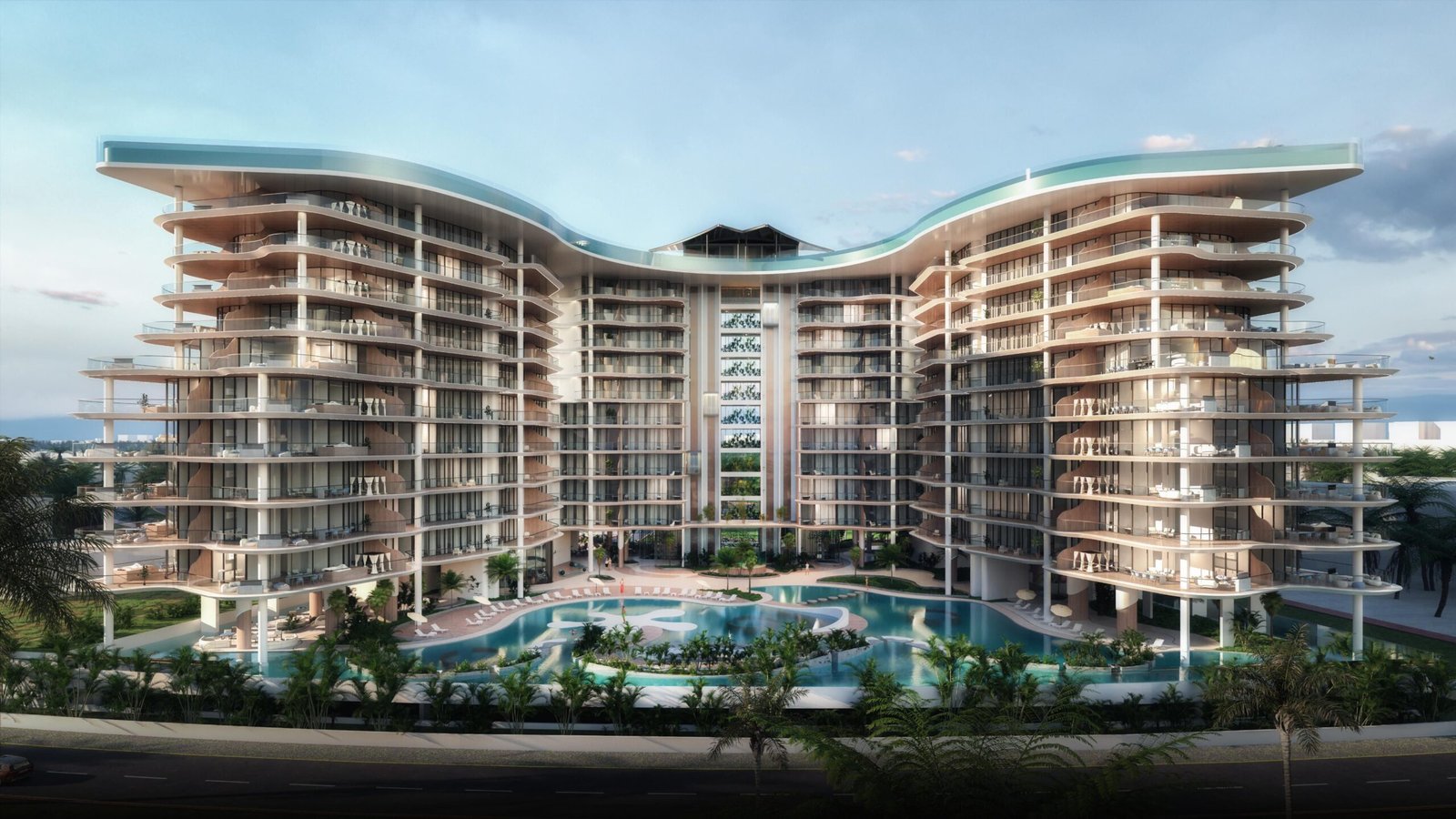 Manta Bay Apartments - curved waterfront building with swimming pool