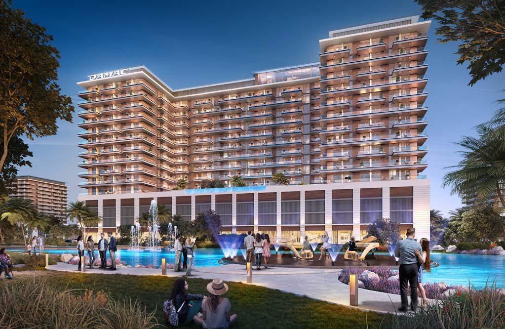 Damac Riverside Views - apartment building with pool and landscaped plaza