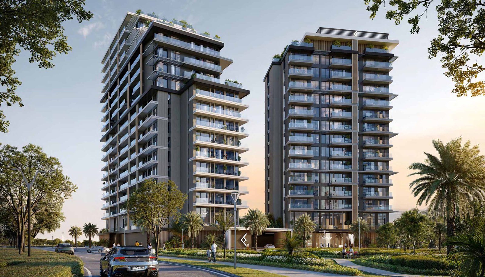 The Hillgate by Ellington - two residential towers with palm trees