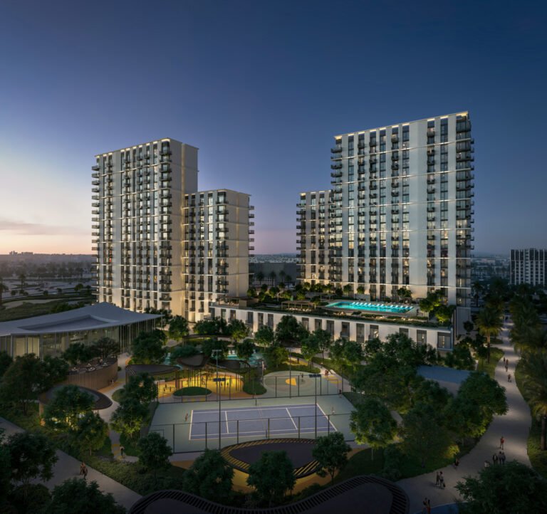 Hillsedge by Emaar - residential towers with landscaped gardens at dusk