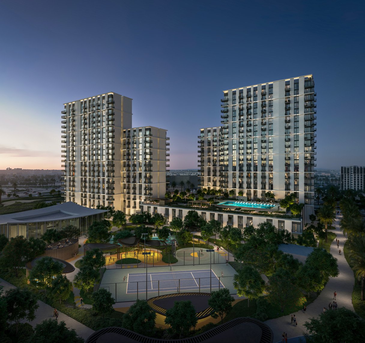 Hillsedge by Emaar - residential towers with landscaped gardens at dusk