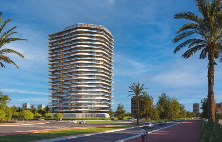 Samana Parkville - residential tower with palm trees