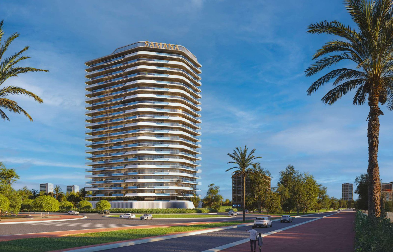 Samana Parkville - residential tower with palm trees