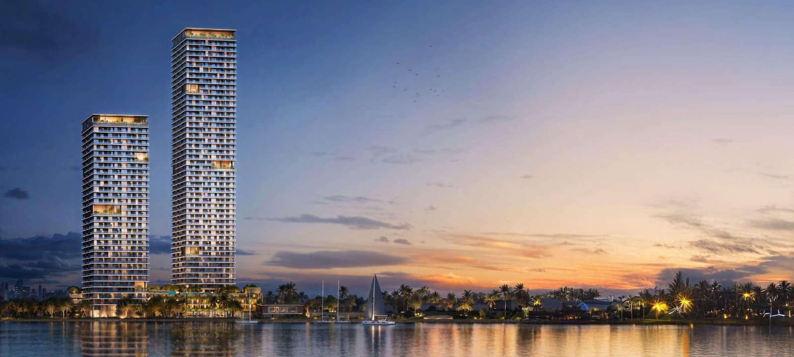 Orise by Beyond - towers at dusk beside the water