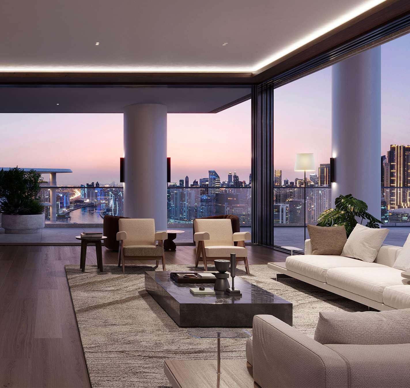 Vela Viento by Omniyat - living room terrace with city skyline at dusk