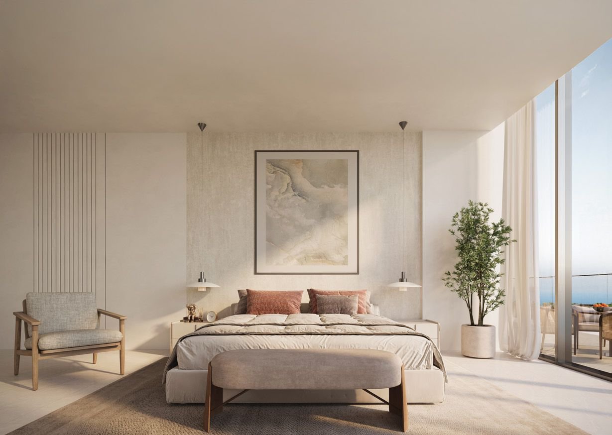Pelagia at Al Marjan Island - bedroom with plant and artwork