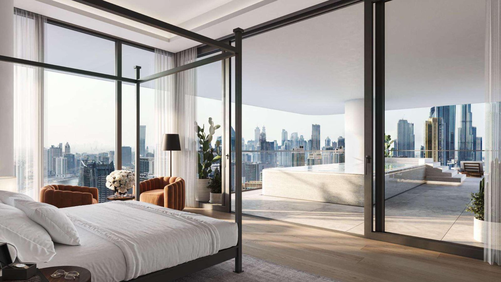 Vela Viento by Omniyat - bedroom with floor-to-ceiling windows and skyline view