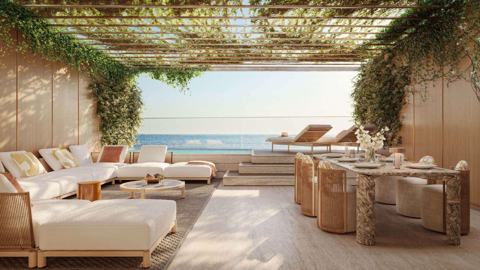 Orise by Beyond - terrace lounge with pergola and sea view