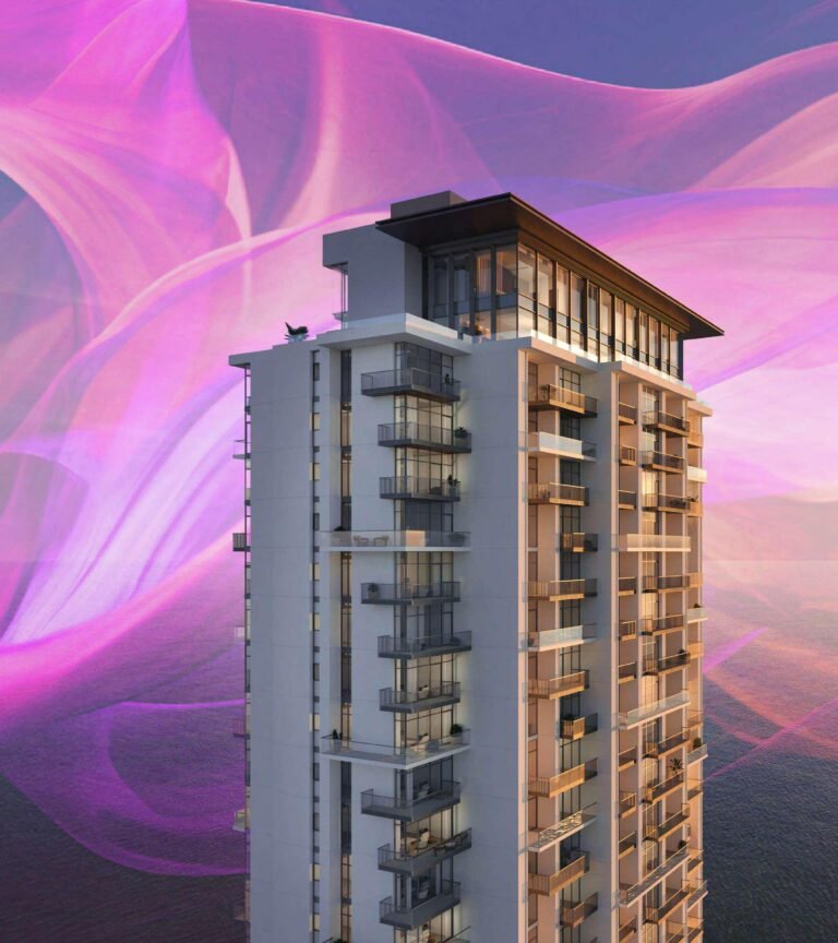 Aria by Beyond - tower balconies against a pink sky