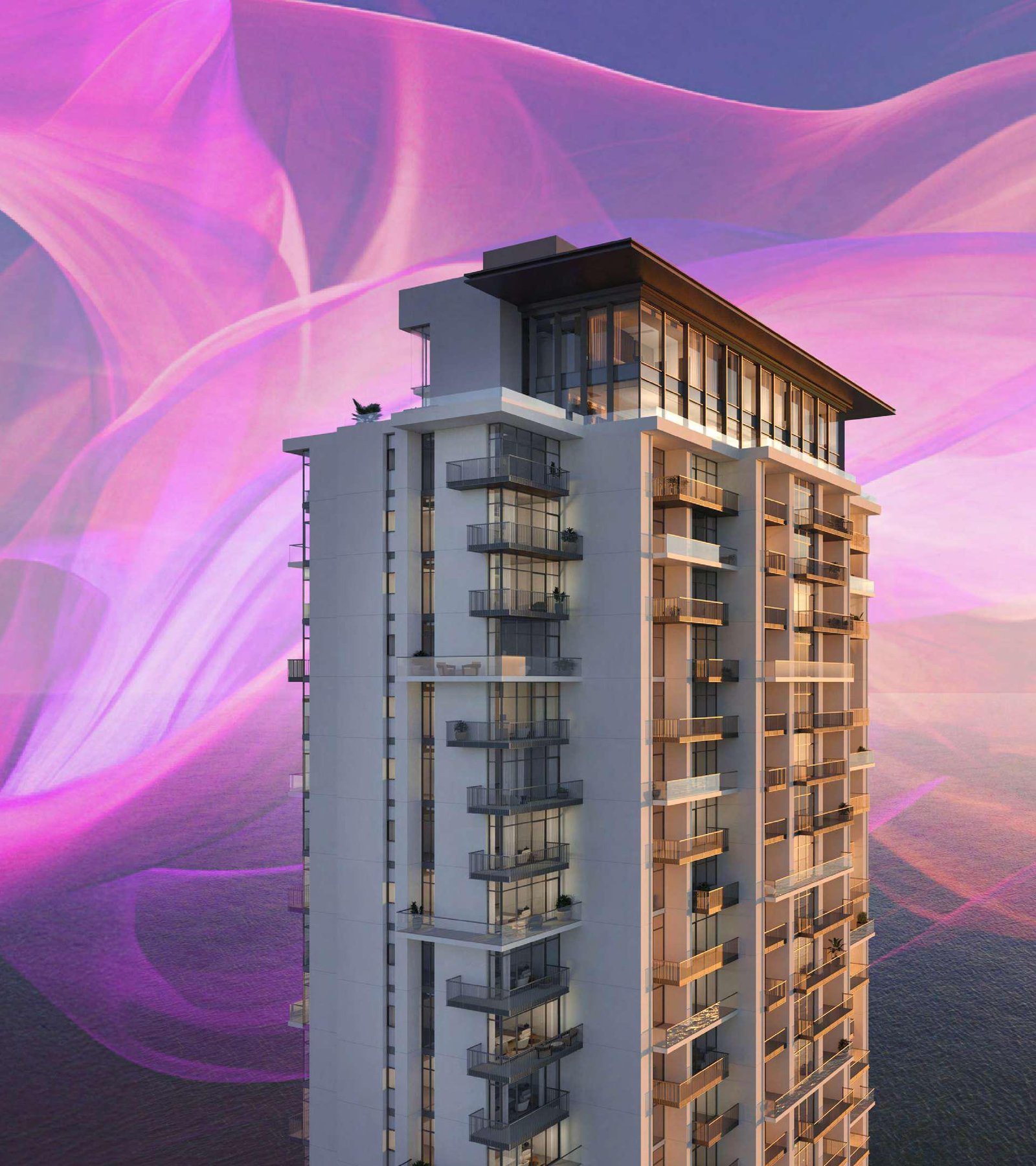 Aria by Beyond - tower balconies against a pink sky