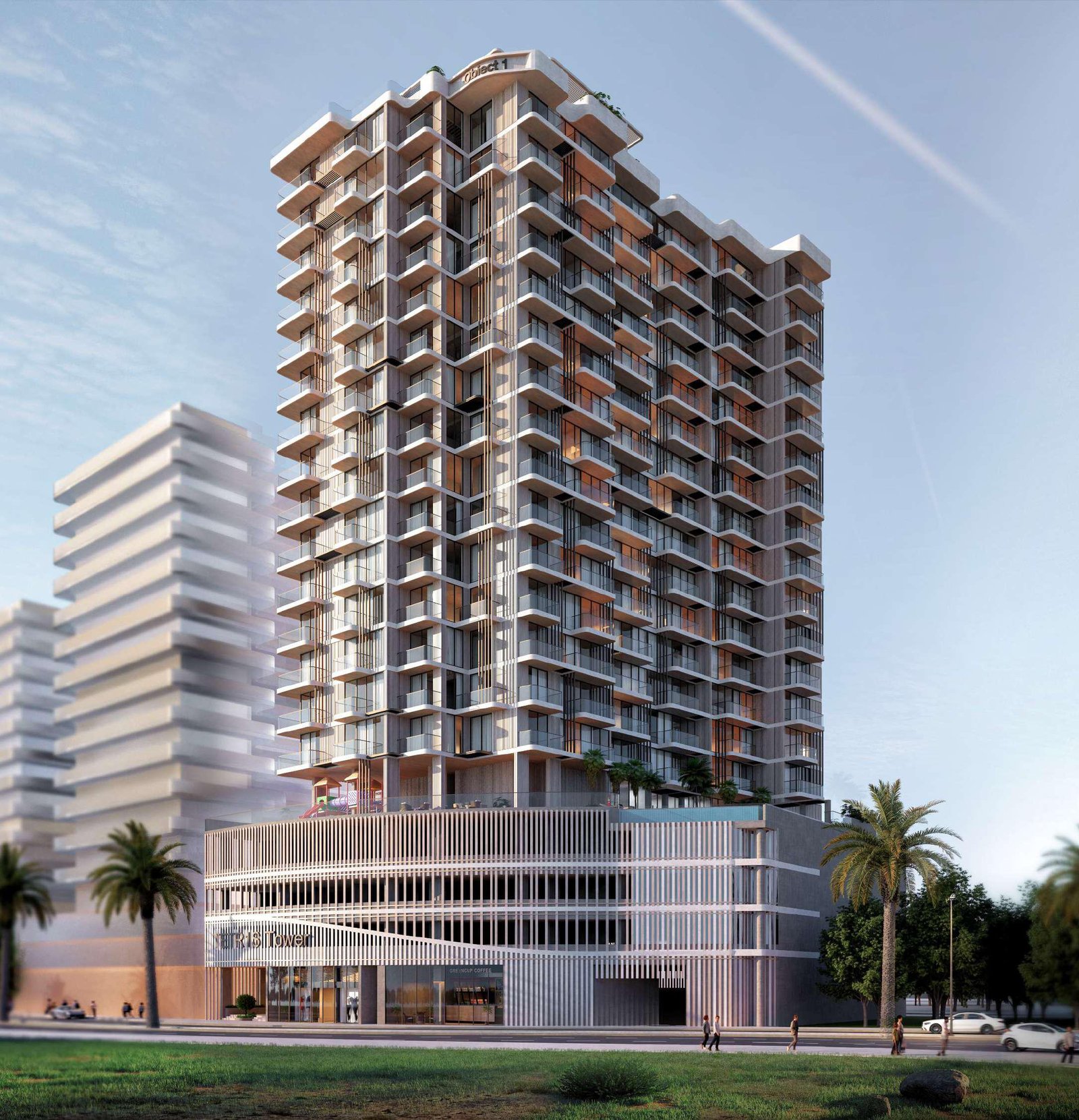 Tetris Tower at JVC - residential tower with copper-toned balconies