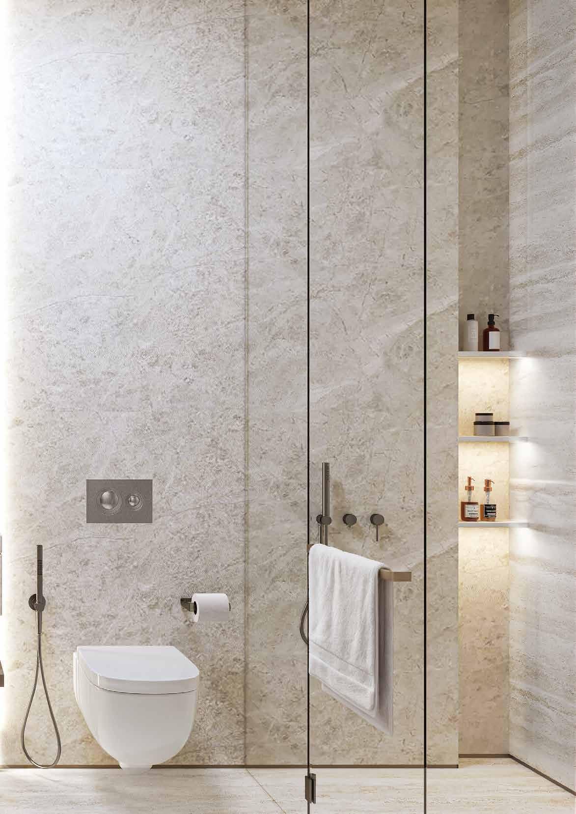 Safa Gate by Damac - bathroom detail with stone wall and shower