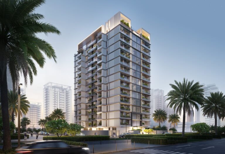 Verdania by Object 1 - residential tower with palm trees at dusk