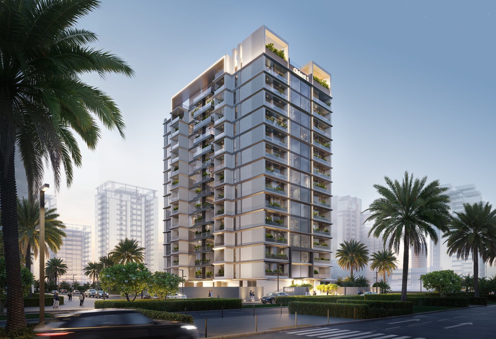 Verdania by Object 1 - residential tower with palm trees at dusk