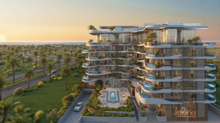 LaPerla Al Marjan Island - aerial view of the building and surrounding greenery