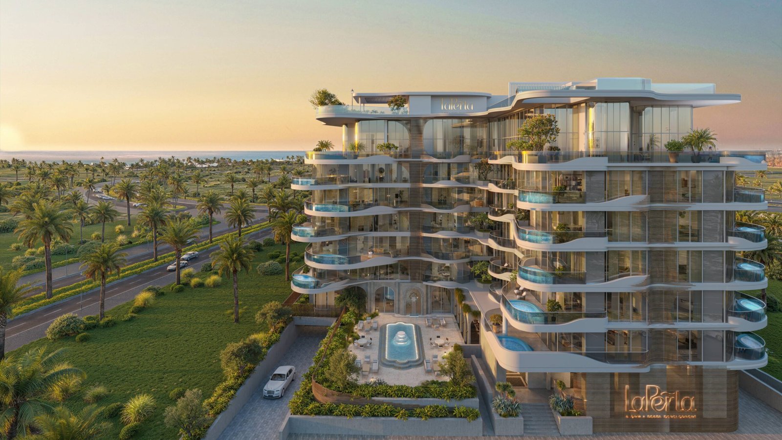 LaPerla Al Marjan Island - aerial view of the building and surrounding greenery