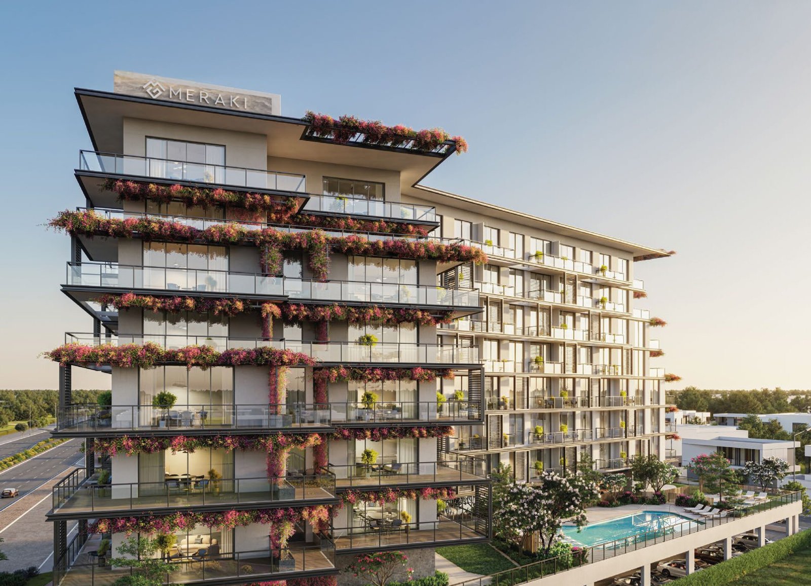 Haven 3 by Meraki - terraced apartment building at dusk