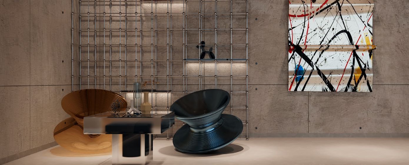 Raw District by Imtiaz Development - design lounge with sculptural armchairs and artwork