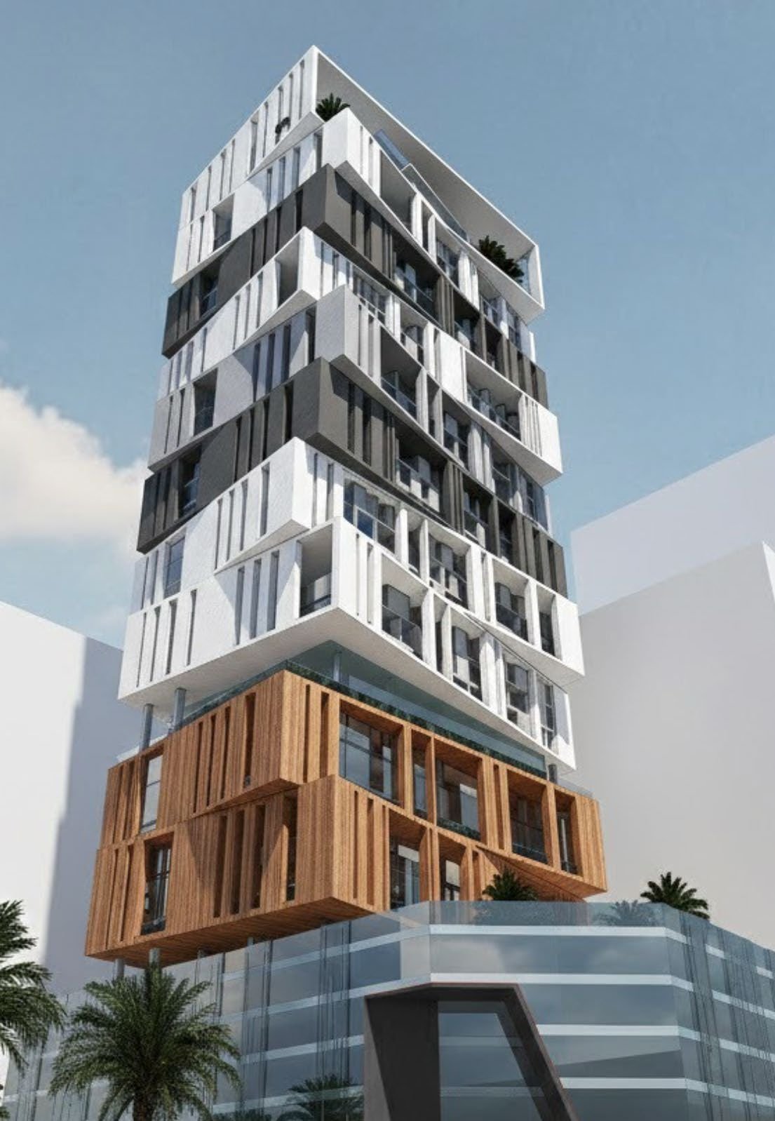 Raw District by Imtiaz Development - close-up of the stacked tower facade with timber and white detailing