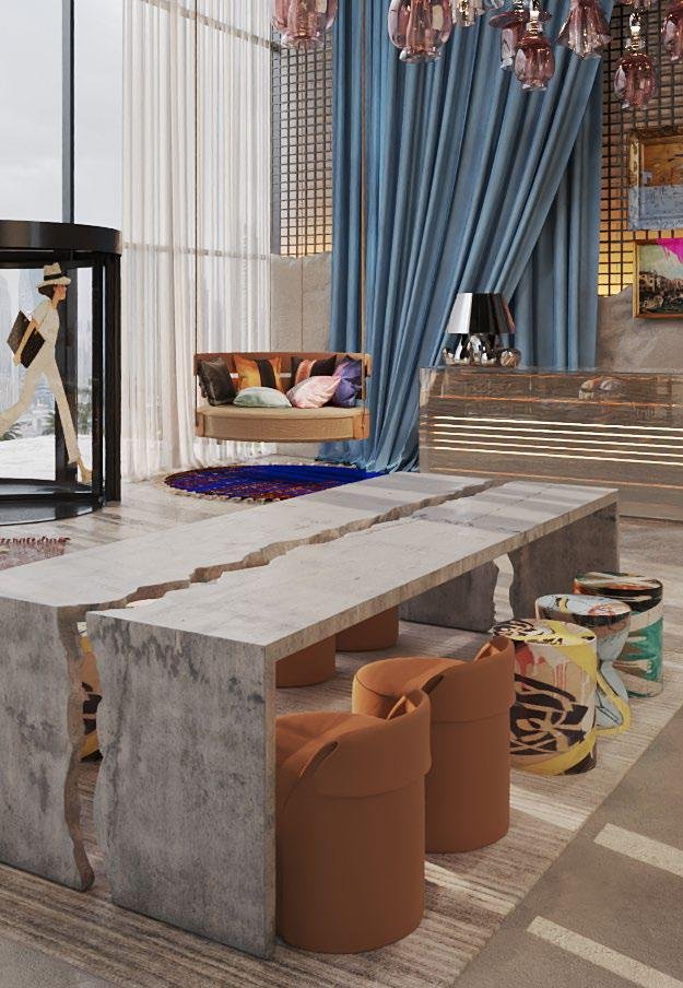 Raw District by Imtiaz Development - lounge seating area with stone coffee table and hanging chair