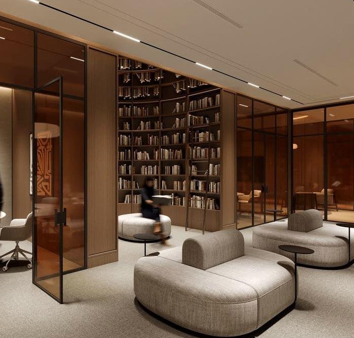 Raw District by Imtiaz Development - library lounge with floor-to-ceiling bookshelves