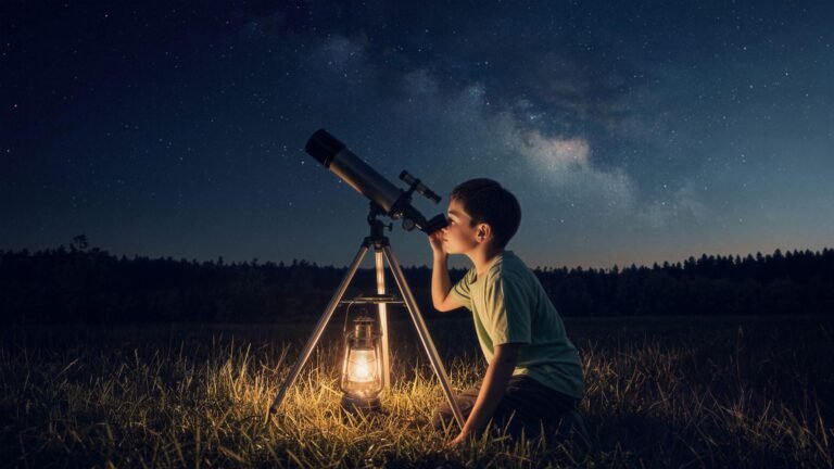 Al Ghadeer Gardens - child with telescope under the night sky