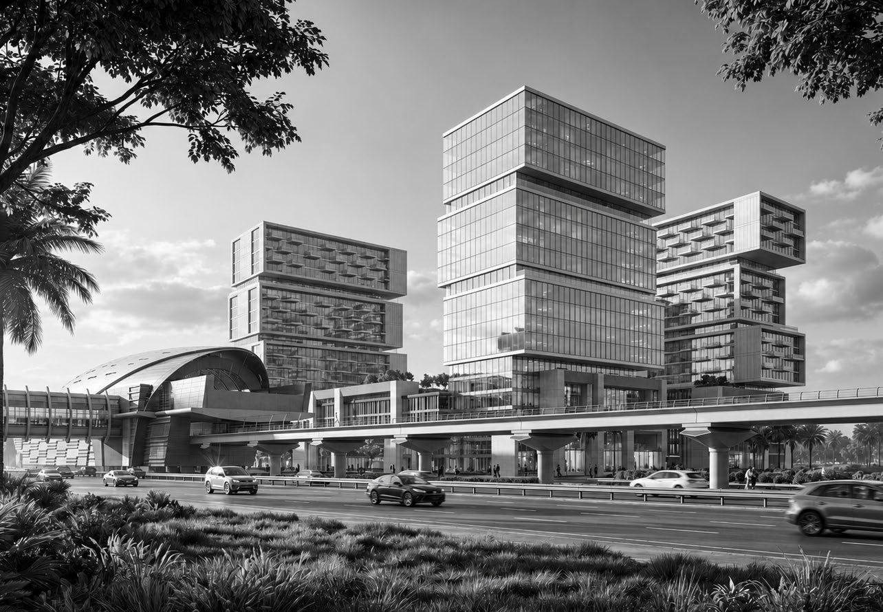 Raw District by Imtiaz Development - black and white street-level view of the buildings