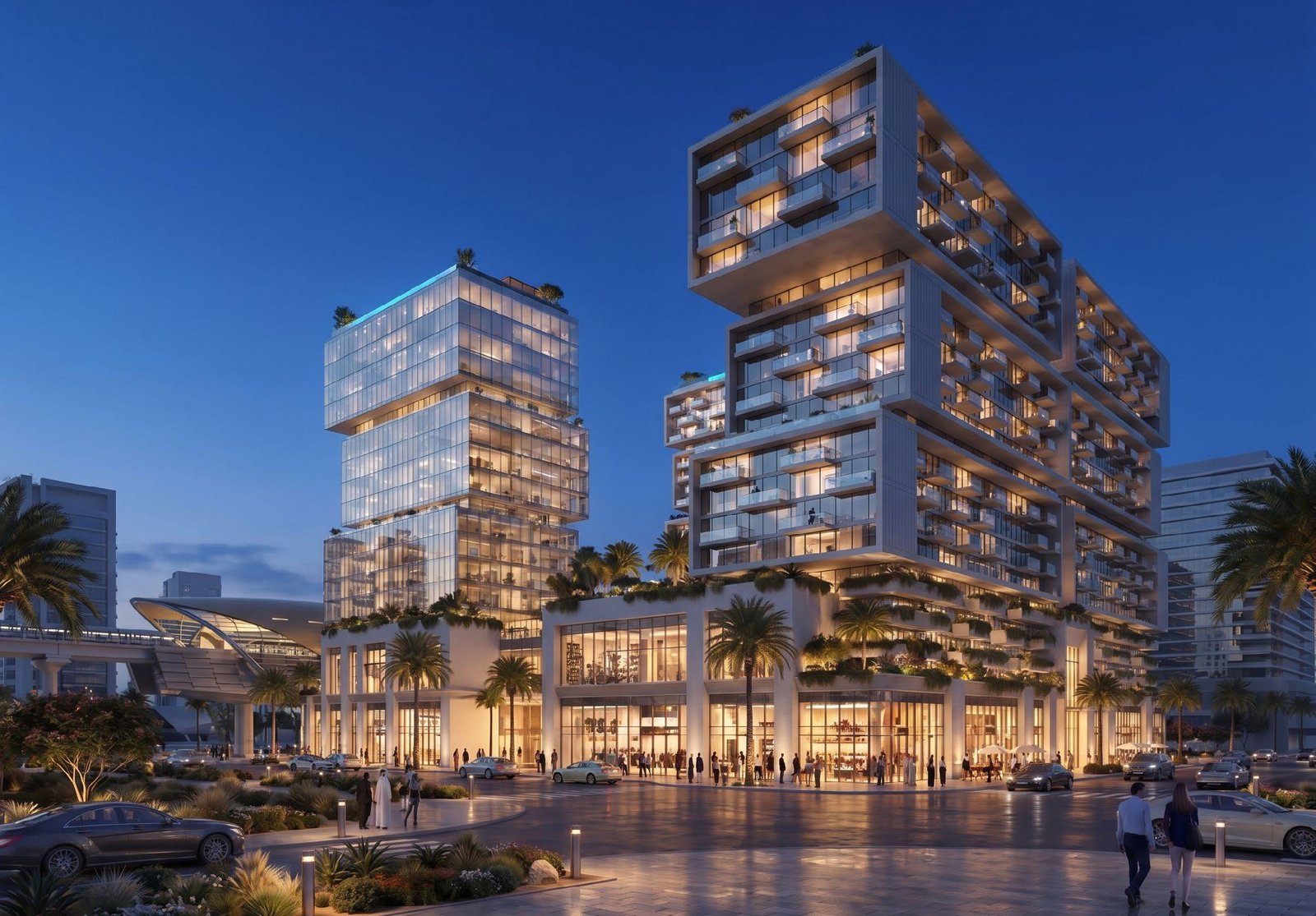 Raw District by Imtiaz Development - twilight view of the towers and podium