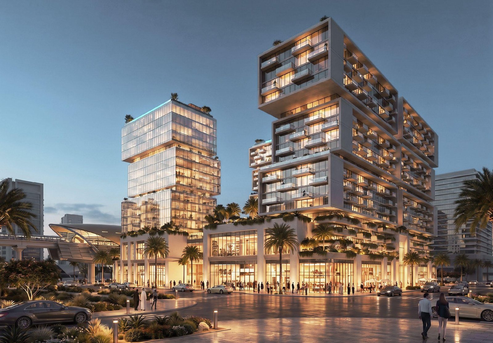 Raw District by Imtiaz Development - evening view of the stacked towers and podium