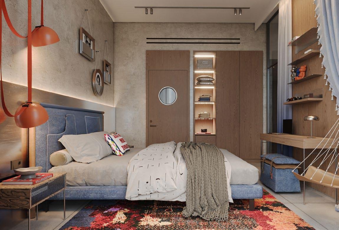 Raw District by Imtiaz Development - bedroom interior with blue headboard and built-in shelving