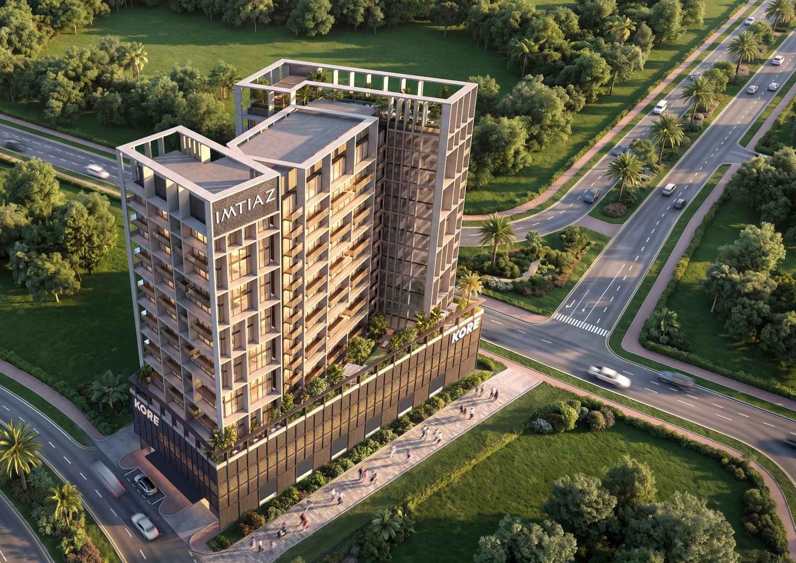 Aerial view of KORE by Imtiaz apartment building in DLRC, Dubai