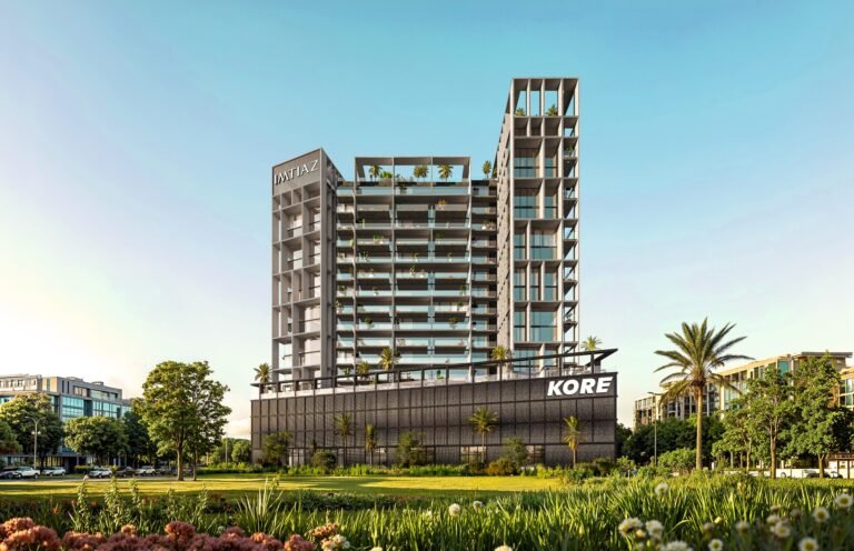 KORE by Imtiaz residential tower exterior in Dubailand Residence Complex, Dubai