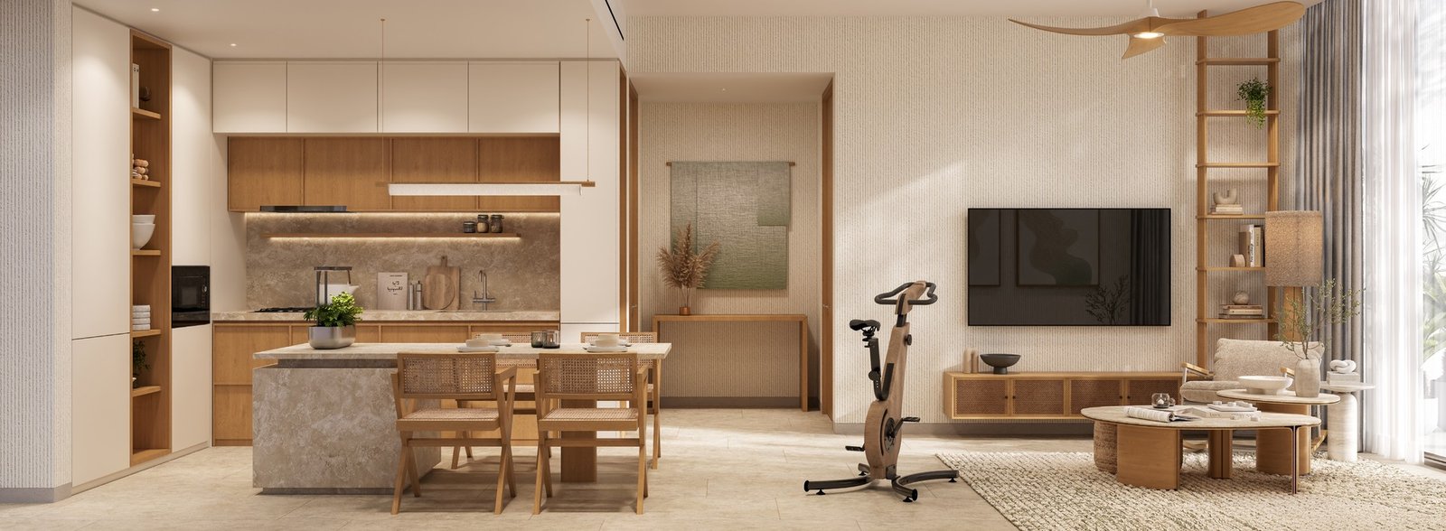 Kitchen and living area of a KORE by Imtiaz apartment with natural oak and bamboo finishes
