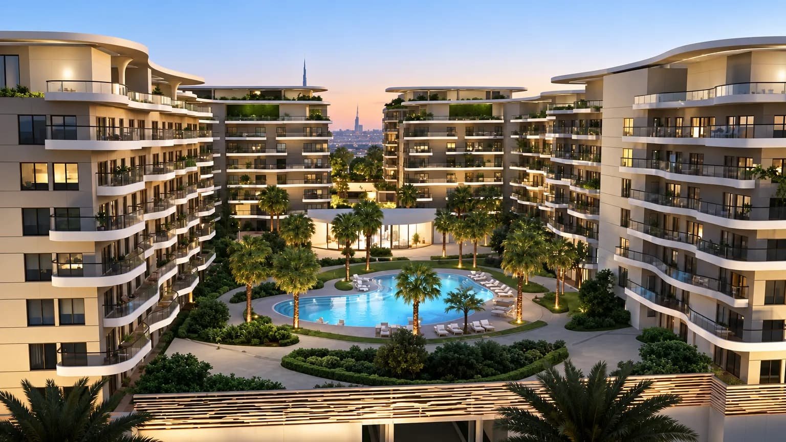 Sorrento by DAMAC residential cluster and landscaped pool courtyard at dusk